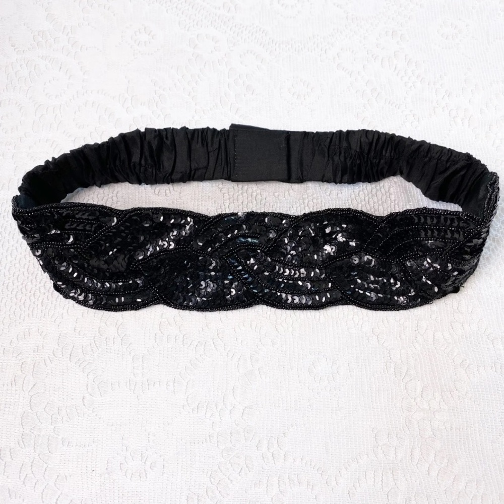 Vintage Women's Black Beaded Sequin Elastic Belt 28" X 3" Size M.